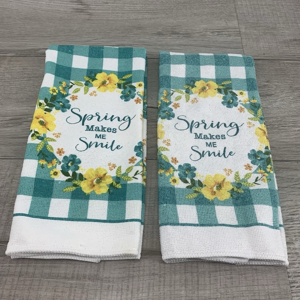 Spring‎ Makes Me Smile 2 Kitchen Towels with Yellow Flowers Mint Green Check